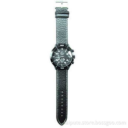 Men Wrist Leather Band Watch with Three Decorative Eyes, Japan Movt, Stainless Steel Back